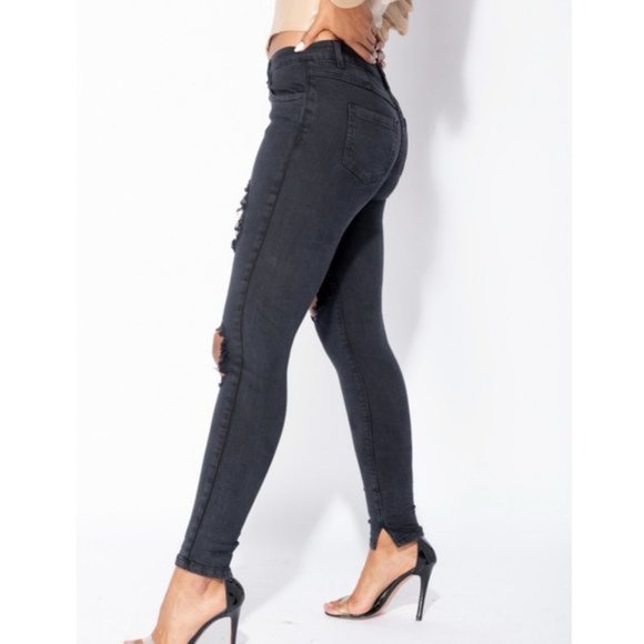 Black Mid Rise Ripped Distressed Skinny Jeans Denim Pants - Picture 8 of 11